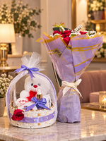 Load image into Gallery viewer, Lavender Red Rose Bouquet with Teddy Gift Basket | GDEL-018