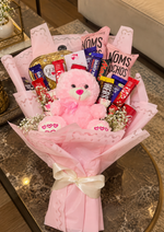Load image into Gallery viewer, Teddy and Chocolate Gift Bouquet with Pink Wrap and Red Ribbon | BCG-023