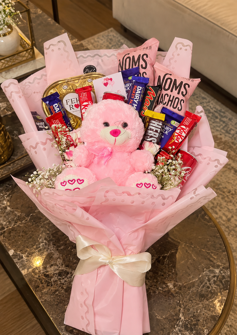 Teddy and Chocolate Gift Bouquet with Pink Wrap and Red Ribbon | BCG-023