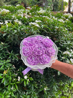Load image into Gallery viewer, Lavender rose arrangement in a pearl decorated gift box with ribbon for elegant floral gifting