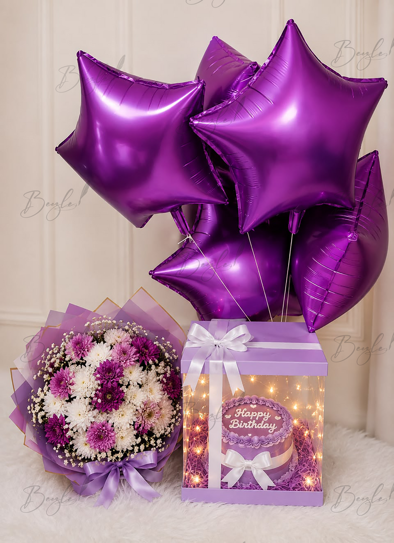 Purple birthday gift arrangement with flower bouquet, cake, star balloons and illuminated gift box