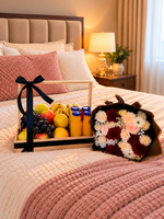 Load image into Gallery viewer, Fresh Harmony Luxe gift hamper with fresh fruits, juices and elegant flower bouquet arrangement