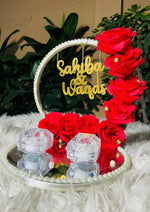 Load image into Gallery viewer, Customized Red Rose Nikkah Ring Tray with Two Ring Boxes &amp; Pearls | NT-008
