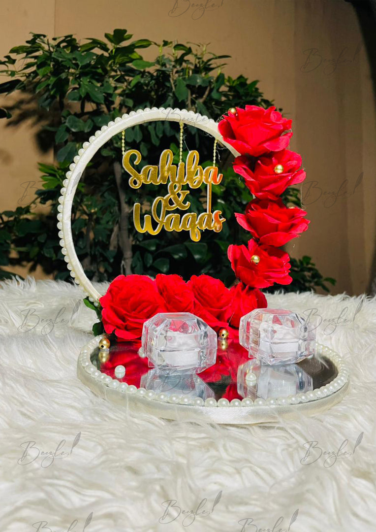 Customized Red Rose Nikkah Ring Tray with Two Ring Boxes & Pearls | NT-008