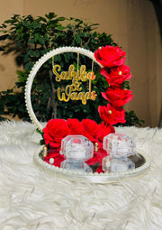 Customized Red Rose Nikkah Ring Tray with Two Ring Boxes & Pearls | NT-008
