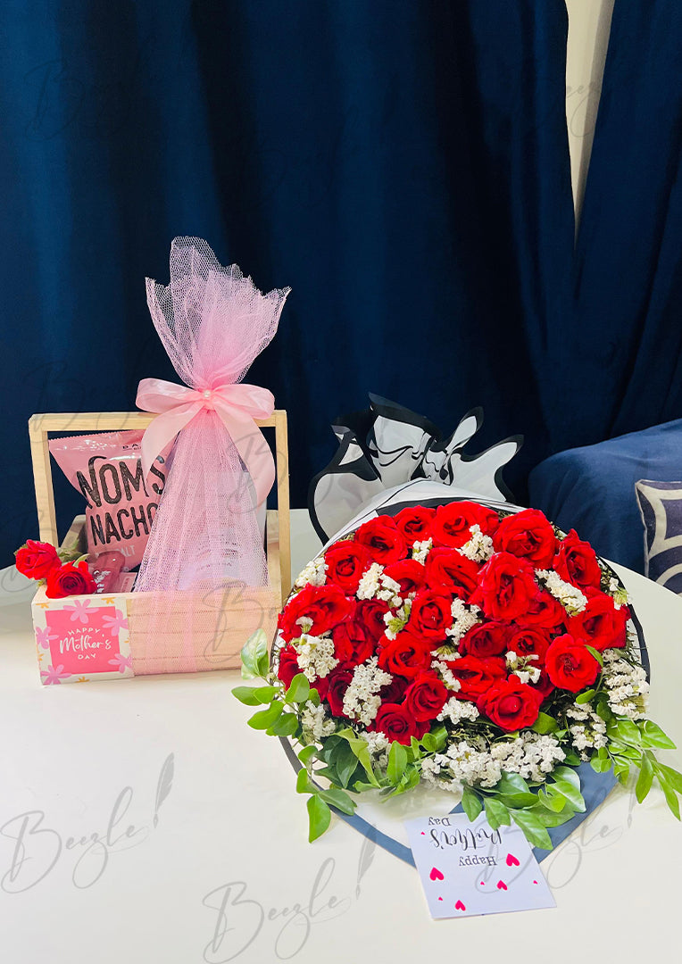 Pink Snack Basket & Rose Bouquet | GDEL-050
