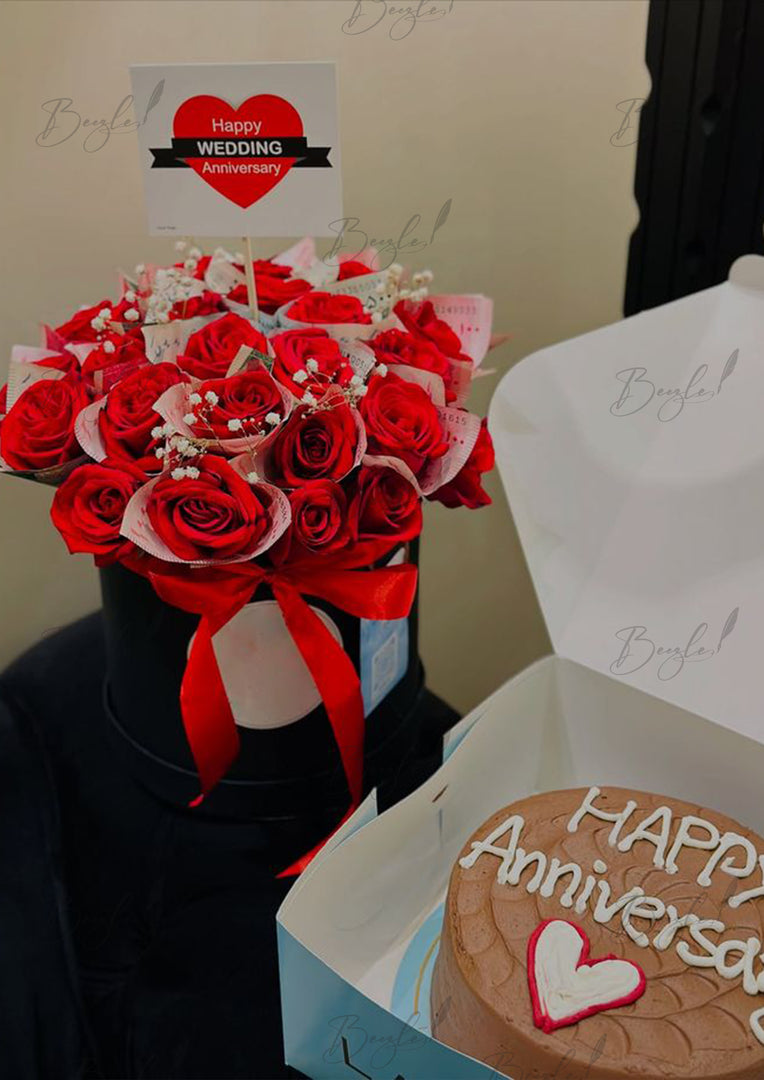Anniversary Rose Bucket with Cake Gift | GDEL-141