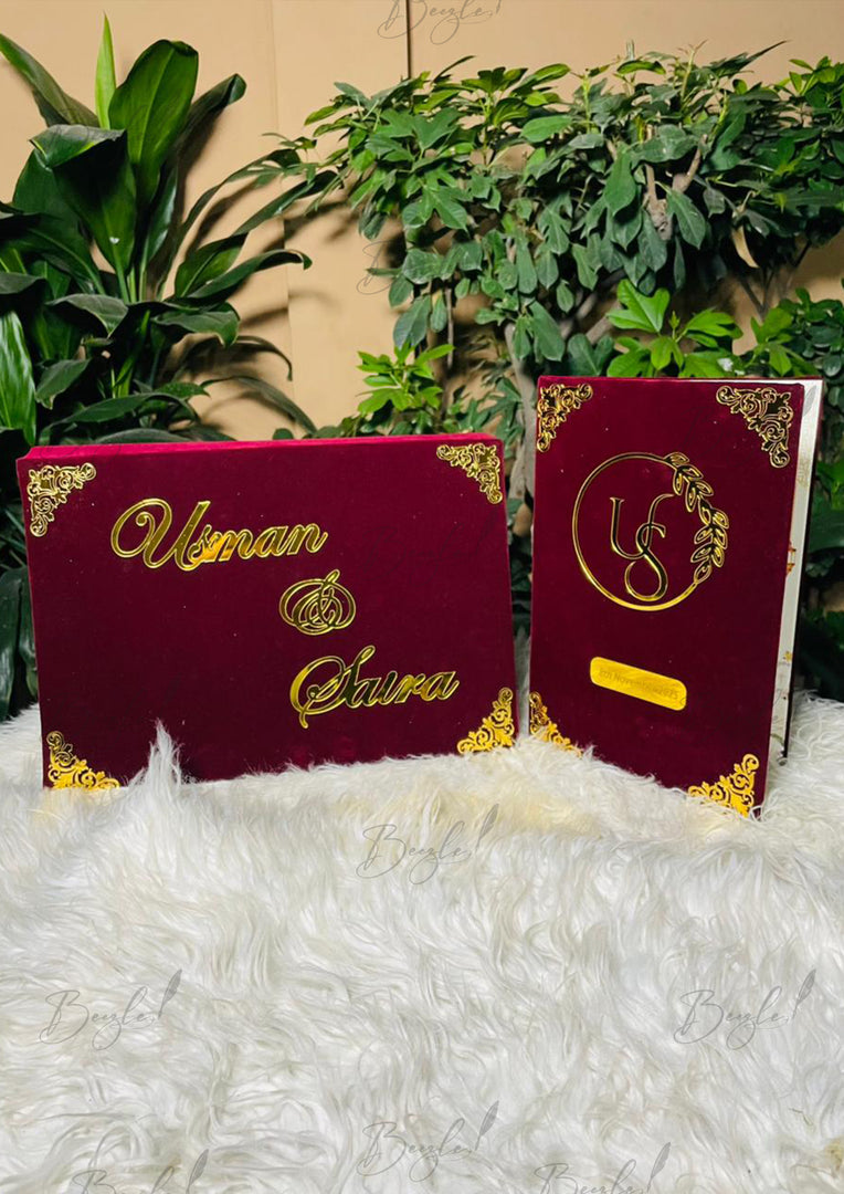 Luxurious Maroon Nikah Booklet Box with Golden Customized Details | BOX-013