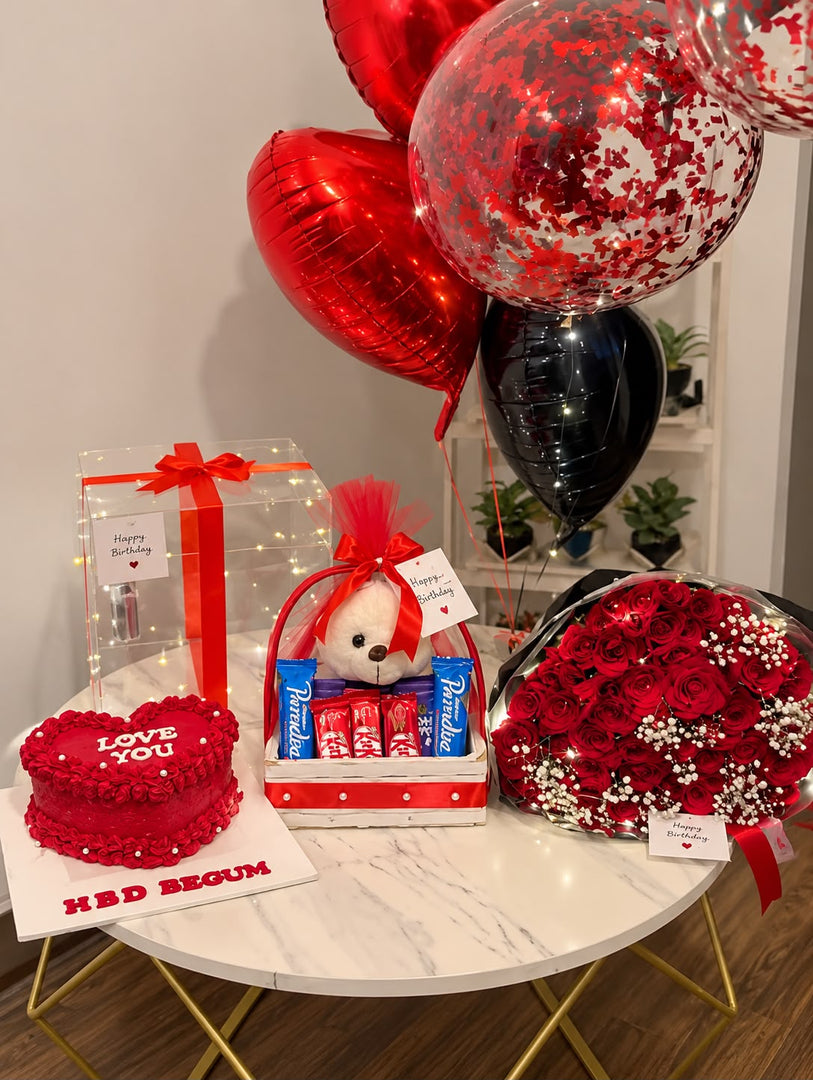 Red Majesty birthday gift set with red rose bouquet, customized cake, teddy bear, chocolates and red balloons