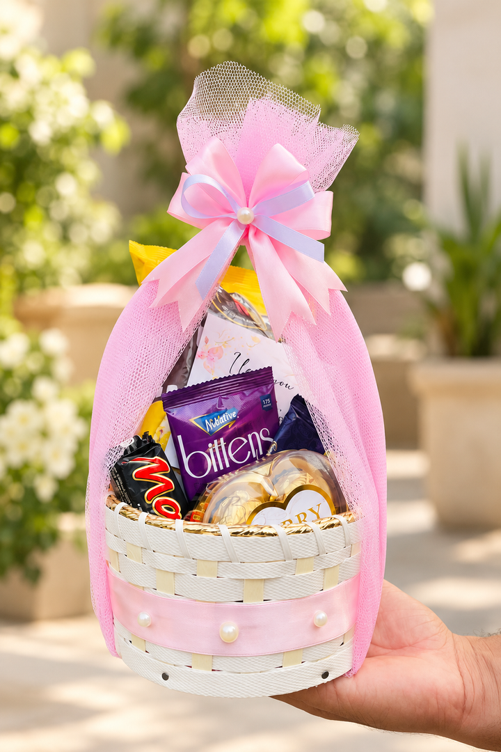 Pink Gift Basket with Snacks, Chocolates & Pearls | GB-187