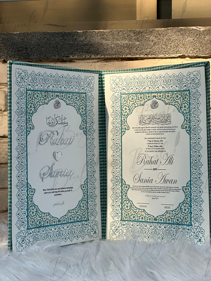 Eye Catchy Green Nikah Booklet Box with Personalized Couple Details | BOX-012