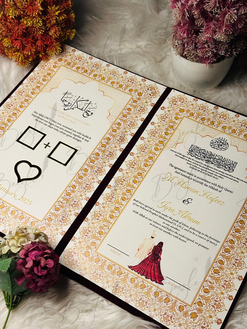 The Maroon Nikah Booklet With Customized Golden Name & Design | NB-042