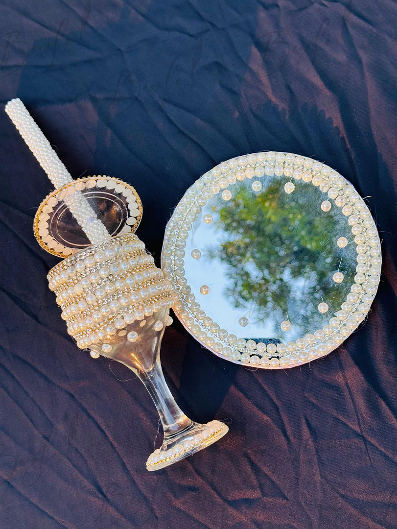 Customized Doodh Pilai Glass and Tray Decorated with Pearls and Golden Lace | DPG-009