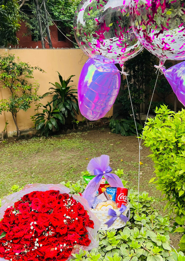 Roses, Snacks & Confetti Balloons Combo Gift | GDEL-171