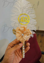 Load image into Gallery viewer, Gilded Elegance Transparent Lace Nikkah Pen with Zircons, White Feather, and Nikkah Mubarak Tag PEN-07