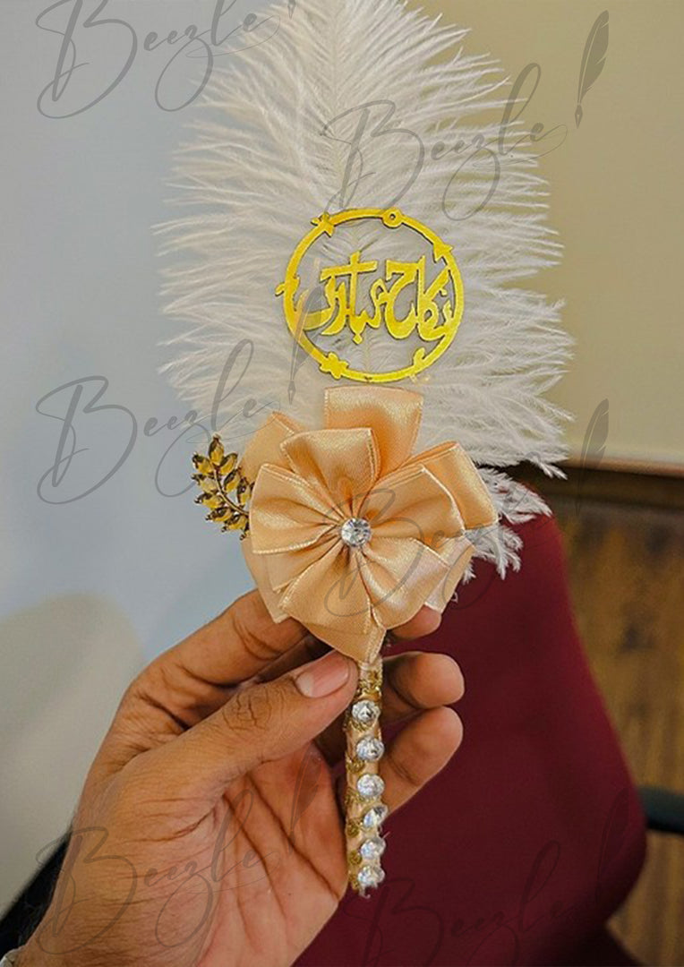 Gilded Elegance Transparent Lace Nikkah Pen with Zircons, White Feather, and Nikkah Mubarak Tag PEN-07