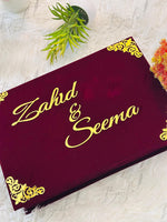 Load image into Gallery viewer, Luxurious Maroon Nikah Booklet Box with Golden Customized Details | BOX-013
