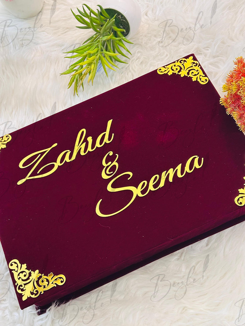 Luxurious Maroon Nikah Booklet Box with Golden Customized Details | BOX-013