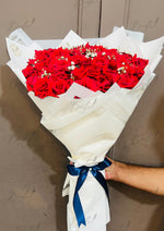 Load image into Gallery viewer, Red Rose Bouquet – White Wrap &amp; Blue Ribbon | BCG-167
