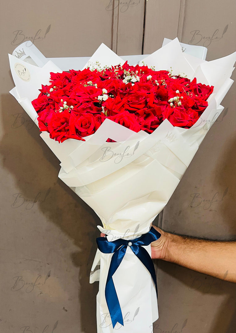 Red Rose Bouquet – White Wrap & Blue Ribbon | BCG-167