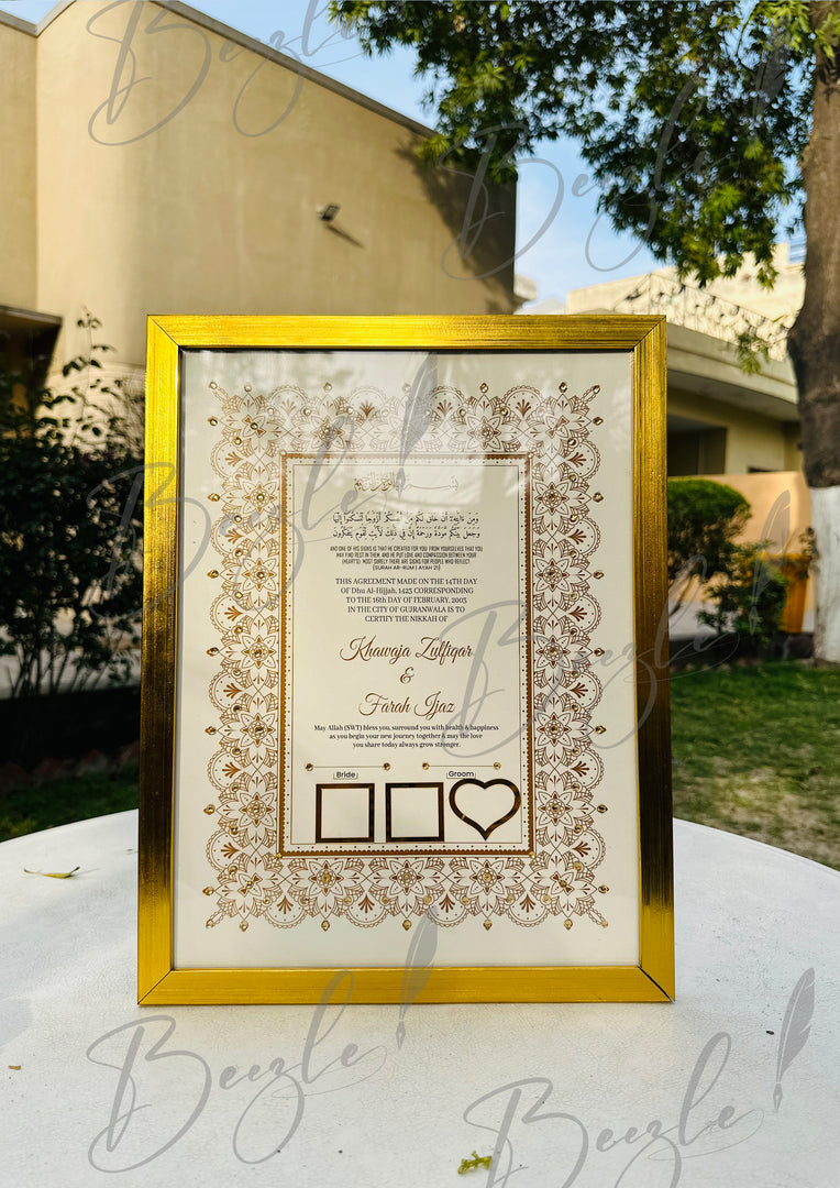 Groom and Bride Thumb Print Luxury Nikah Certificate With Stone Decoration | SNC-010