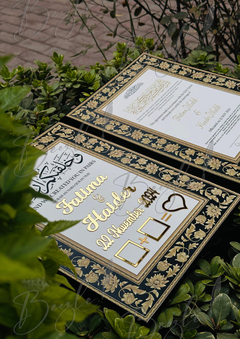 The Attractive Golden Design Black Nikkah Booklet with Customized Name | NB-029