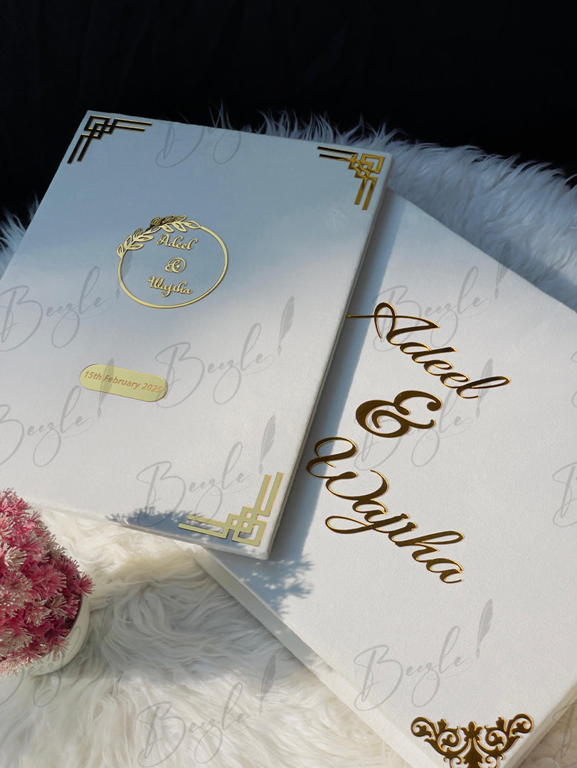 Beautiful Personalized White Nikah Booklet Box with Golden Details | BOX-011