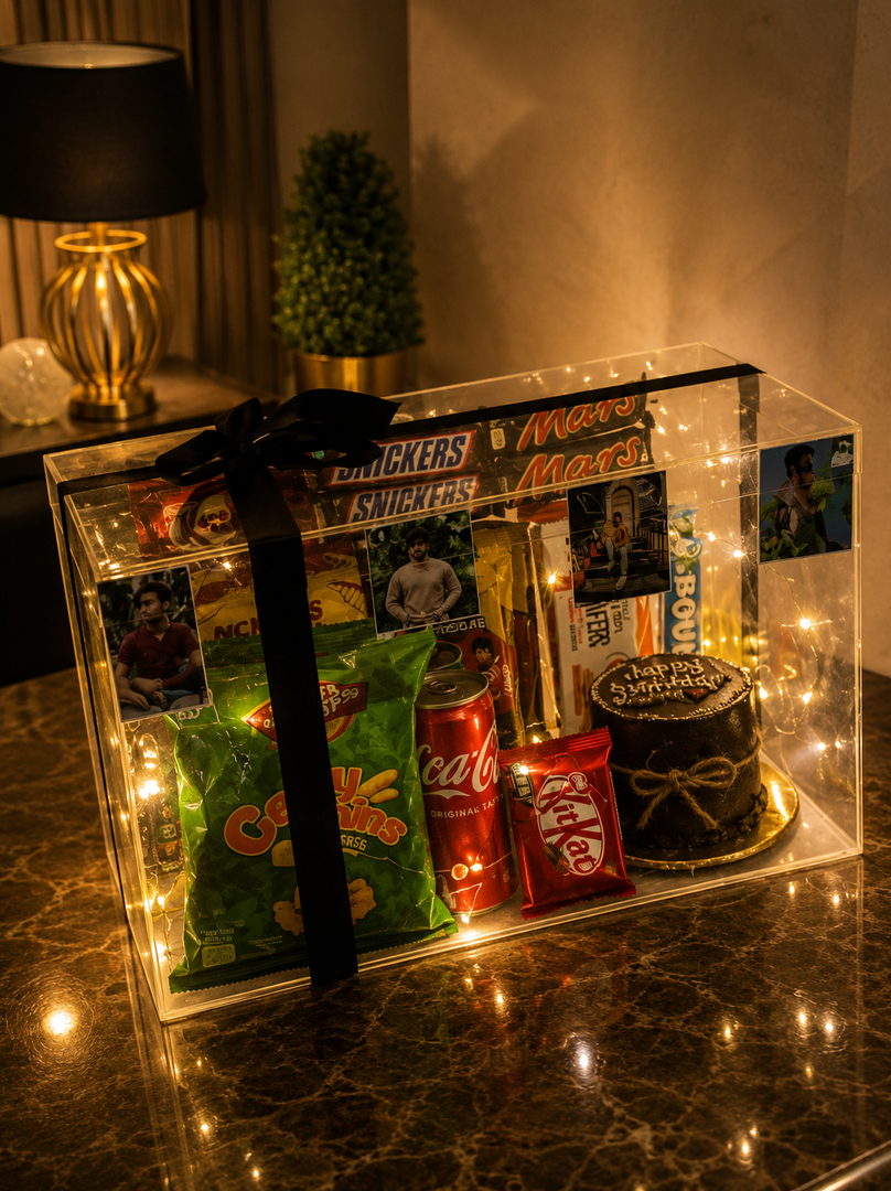 Customized Acrylic Celebration Box with Snacks & Cake | GBO-075