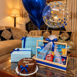 Load image into Gallery viewer, Elegant Blue Luxe birthday gift hamper with blue balloons, cake, snacks and premium ribbon decoration