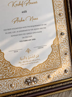 Load image into Gallery viewer, Personalised gold and ivory Nikah certificate in an ornate frame with Arabic calligraphy, custom couple names, pearl embellishments, and a feather-decorated pen.