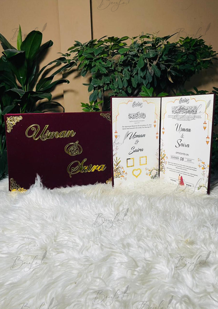 Luxurious Maroon Nikah Booklet Box with Golden Customized Details | BOX-013