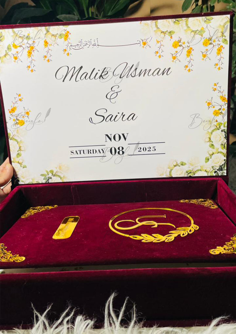 Luxurious Maroon Nikah Booklet Box with Golden Customized Details | BOX-013