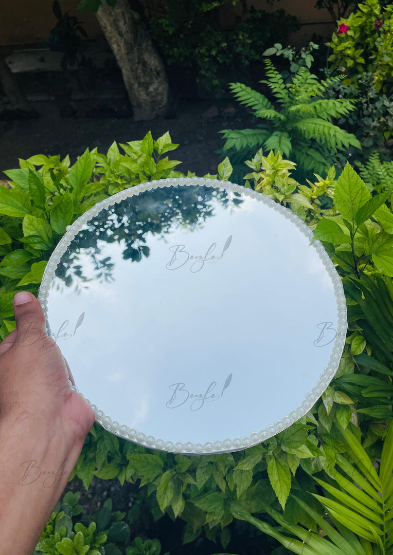 The Attractive Nikkah Tray Decorated With Mirror Base and White Pearls | NT-021
