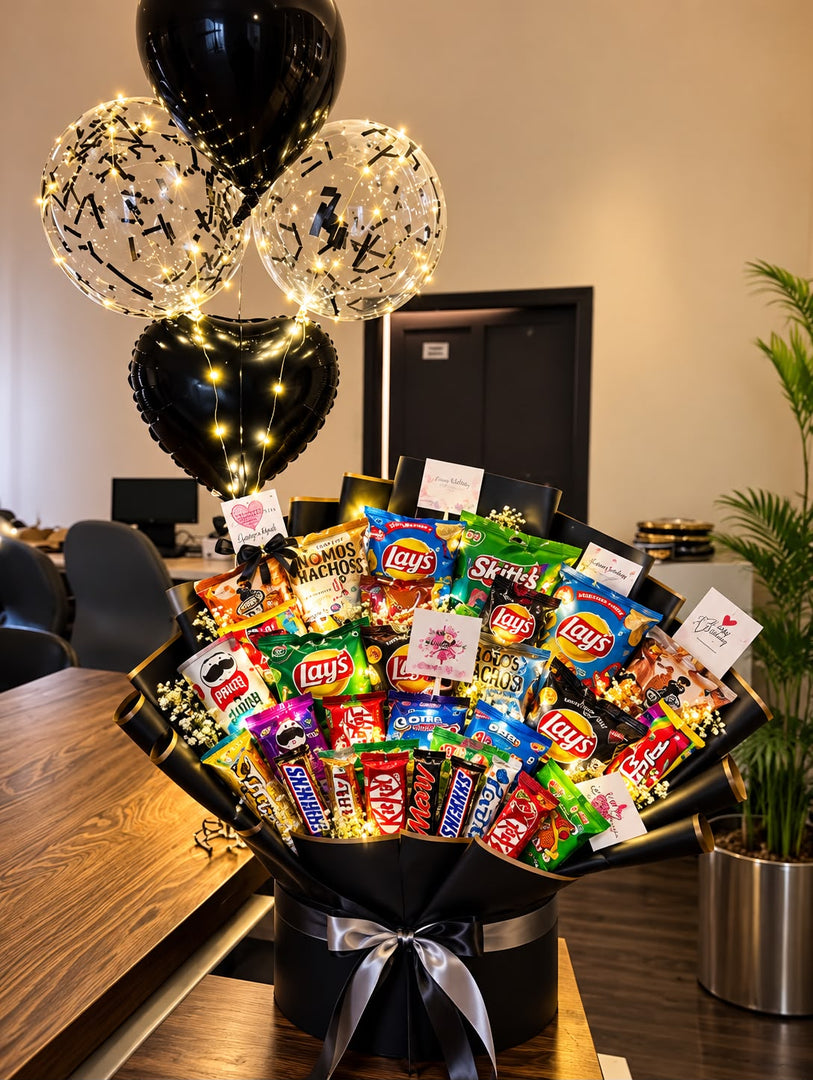 Luxury chocolate and snacks bouquet with assorted chocolates, chips, black wrapping, silver ribbon and decorative balloons