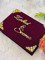 Load image into Gallery viewer, Luxurious Maroon Nikah Booklet Box with Golden Customized Details | BOX-013
