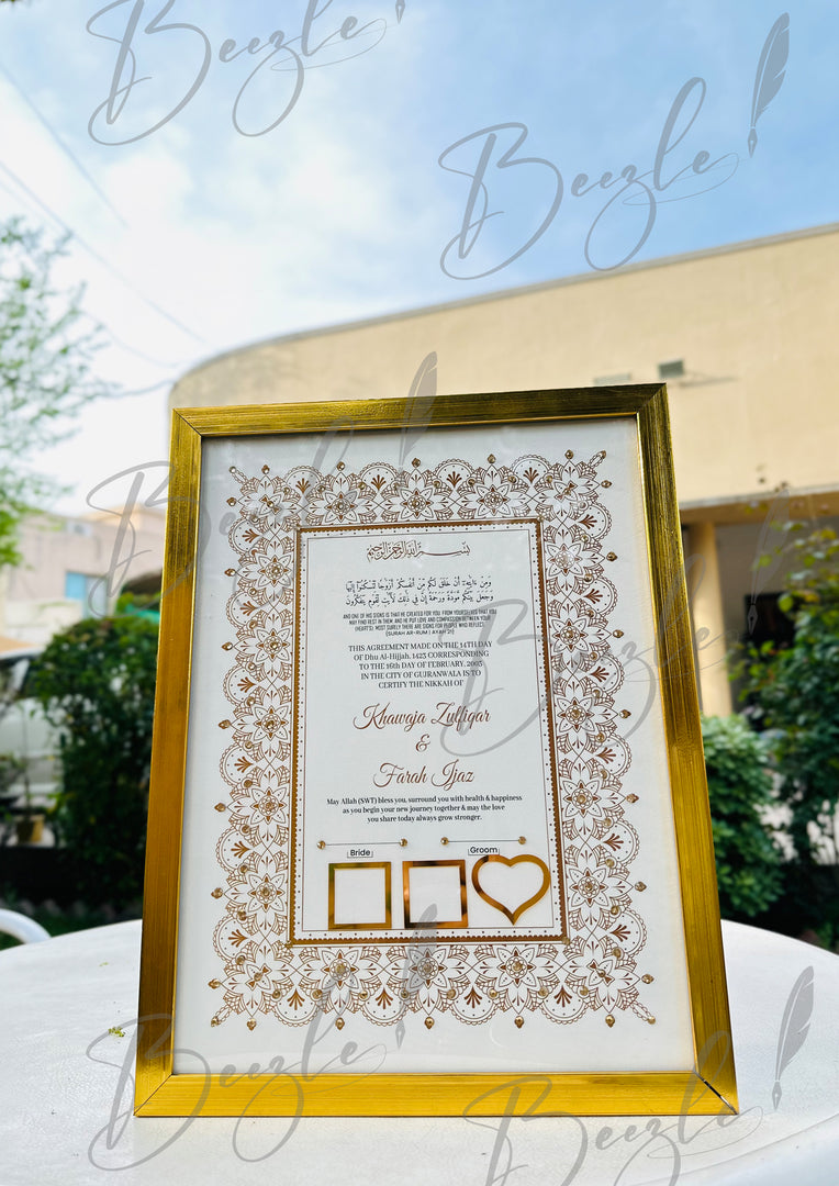 Groom and Bride Thumb Print Nikah Certificate With Stone Decoration | SNC-010