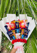 Load image into Gallery viewer, Snack &amp; Chips Bouquet with Chocolates &amp; Roses | BCG-164
