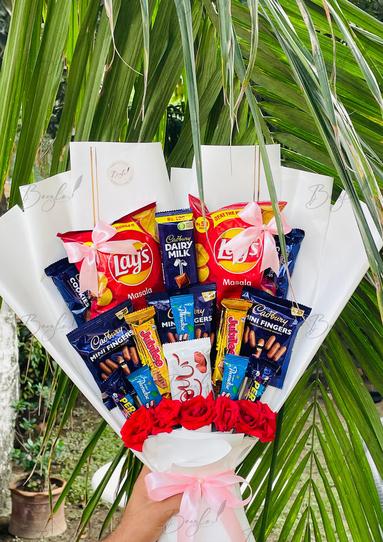 Snack & Chips Bouquet with Chocolates & Roses | BCG-164