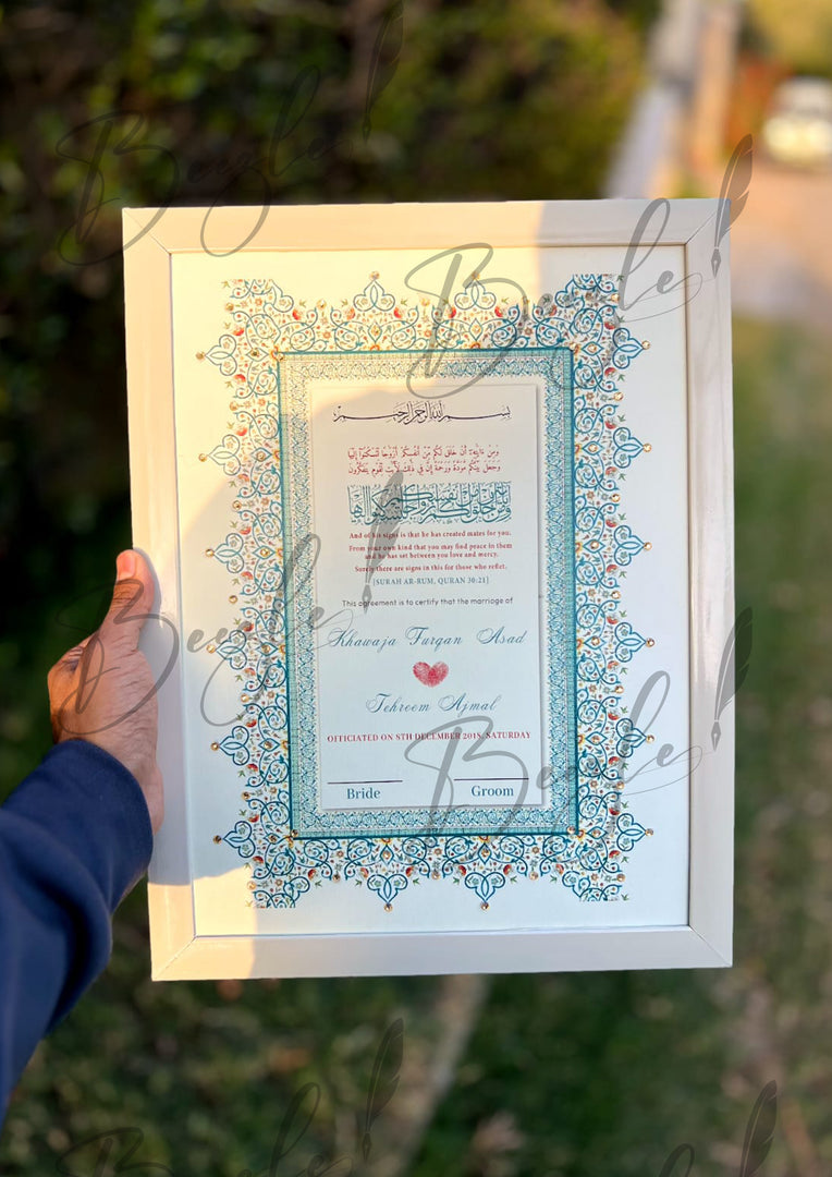 Luxury Blue & Clay Ash Nikah Certificate with Stone Decoration | SNC-006