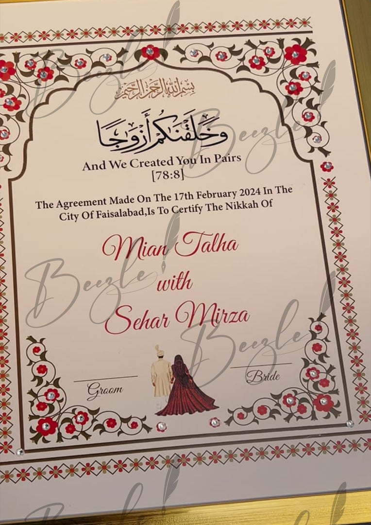 Luxury Bleach White & Red Nikah Certificate with Stone Decoration | SNC-003