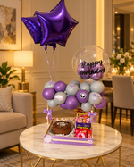 Load image into Gallery viewer, Purple birthday gift set with star balloons, chocolate cake, snacks and Happy Birthday bubble balloon