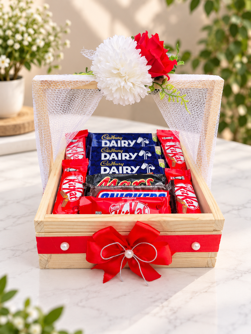 Chocolate Gift Tray – Red Bow & Floral Mesh Wrap | GB-184