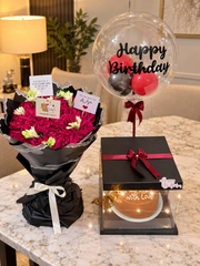 Romantic birthday surprise with floral bouquet and personalized balloon