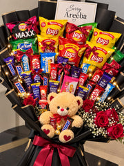 Luxury chocolate bouquet with a teddy bear and a personalized apology message card.