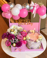 Pink birthday tray with roses, dahlias, Ferrero Rocher, Happy Birthday cake and pink balloon garland