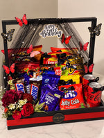 Load image into Gallery viewer, Black-and-red birthday snack hamper filled with chocolates, chips, candies, drinks and red flowers.