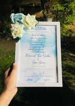 Load image into Gallery viewer, Floral Nikah Certificate With Blue &amp; White Print and Three Flowers | FNC-010
