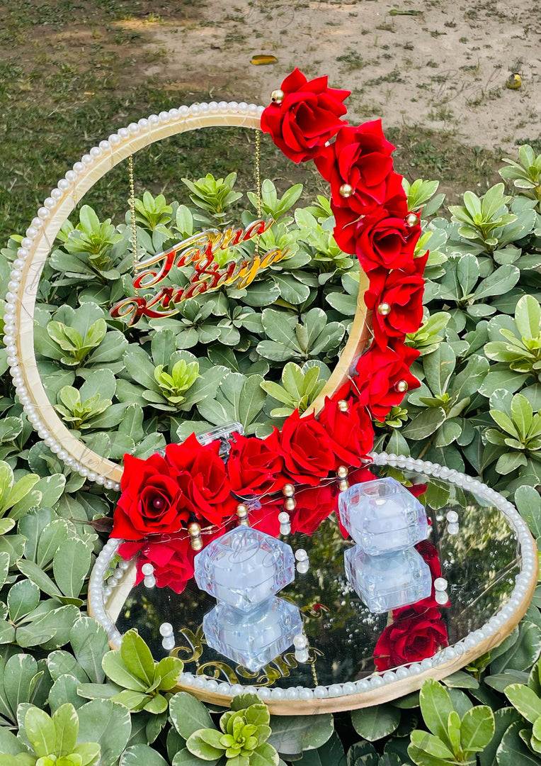Customized Red Rose Nikkah Ring Tray with Two Ring Boxes & Pearls | NT-008