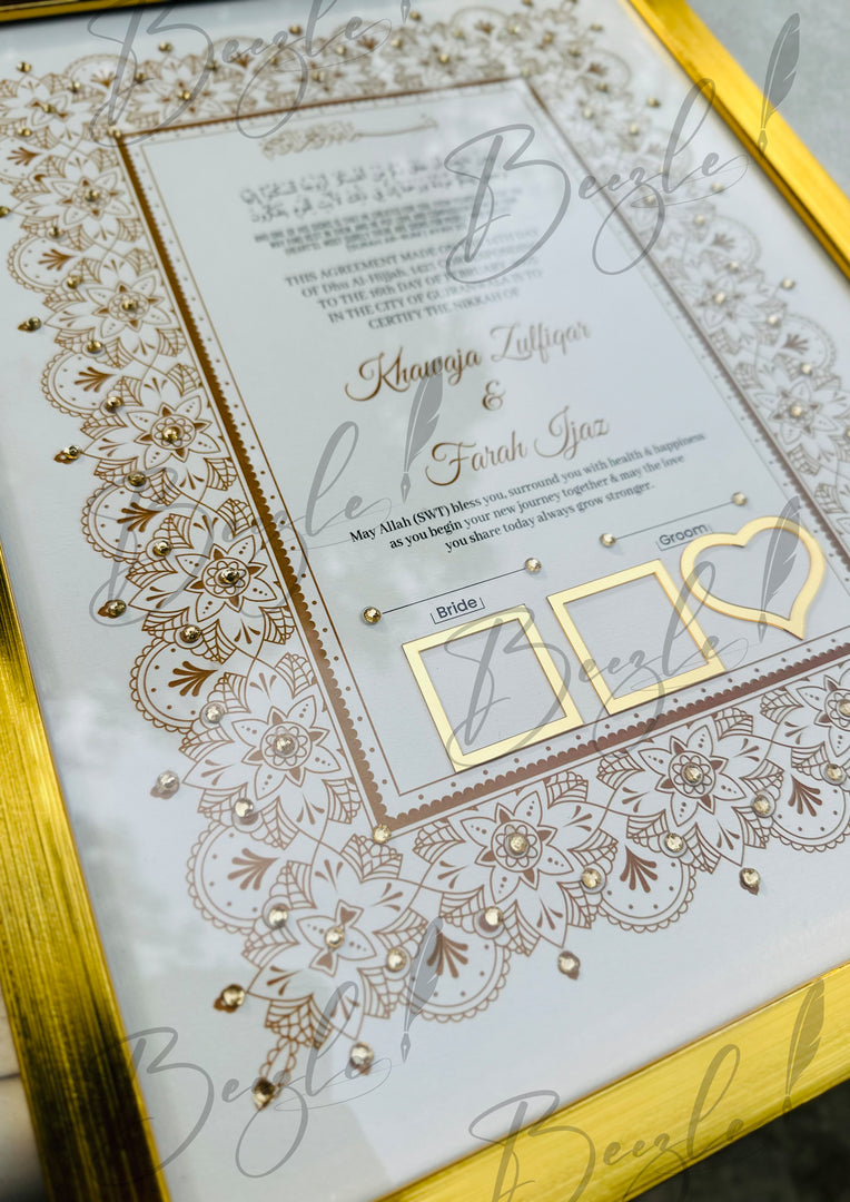 Groom and Bride Thumb Print Luxury Nikah Certificate With Stone Decoration | SNC-010