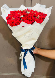 Red Rose Bouquet – White Wrap & Blue Ribbon | BCG-167